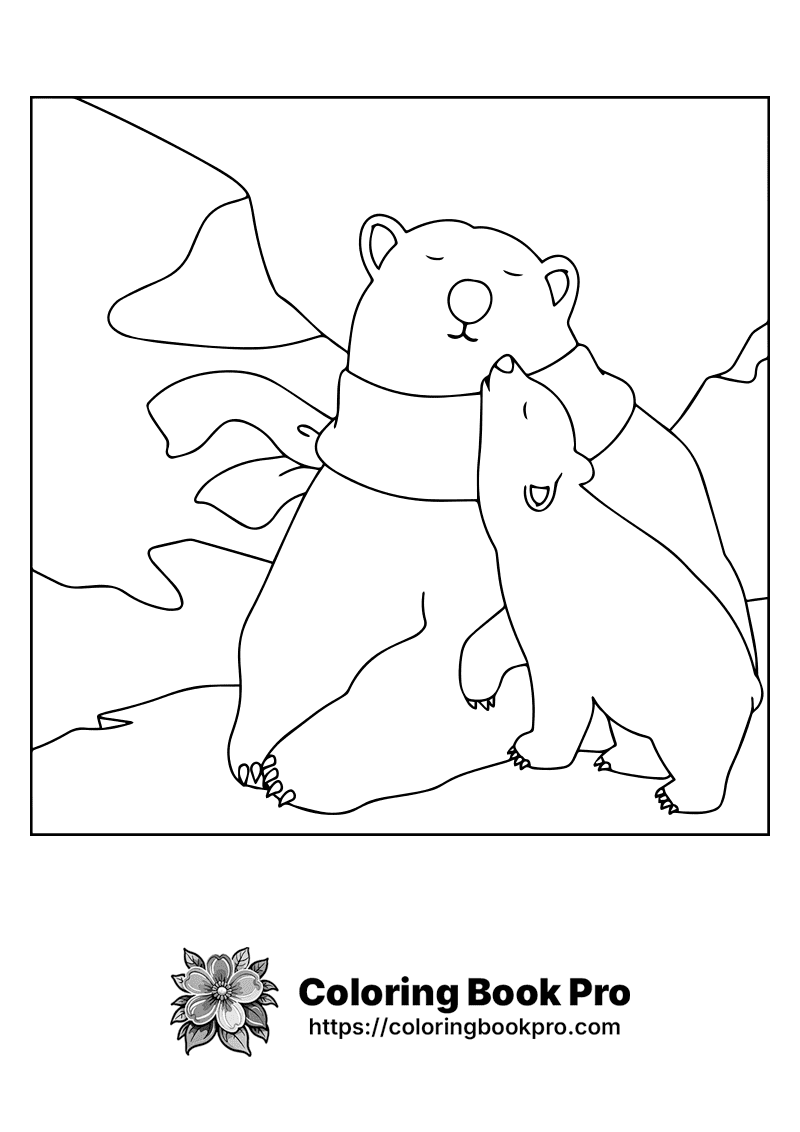 A black and white picture of a bear and a cub. icon