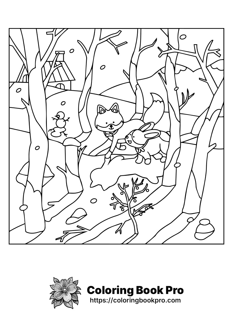 A black and white picture of a fox and rabbit in the woods. icon