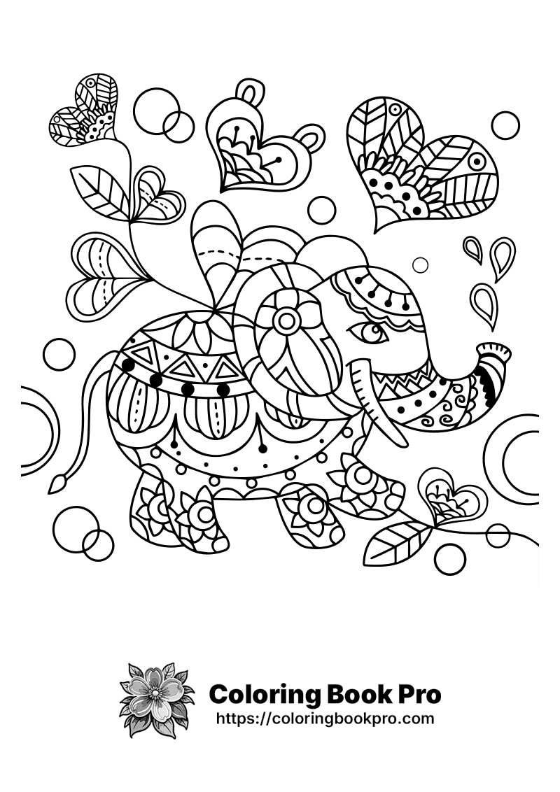 A coloring page of an elephant surrounded by leaves and hearts. icon