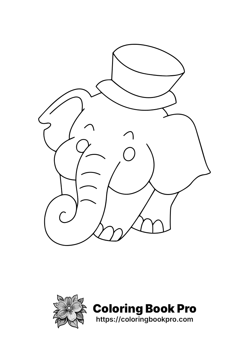 A black and white drawing of an elephant wearing a hat. icon