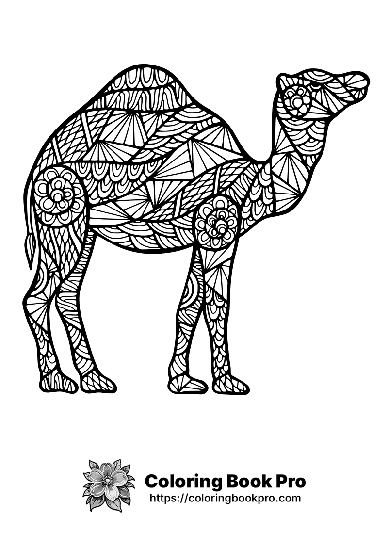 A black and white drawing of a camel. icon