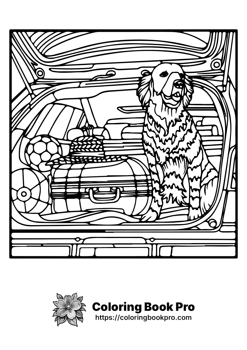 A drawing of a dog sitting in the trunk of a car. icon