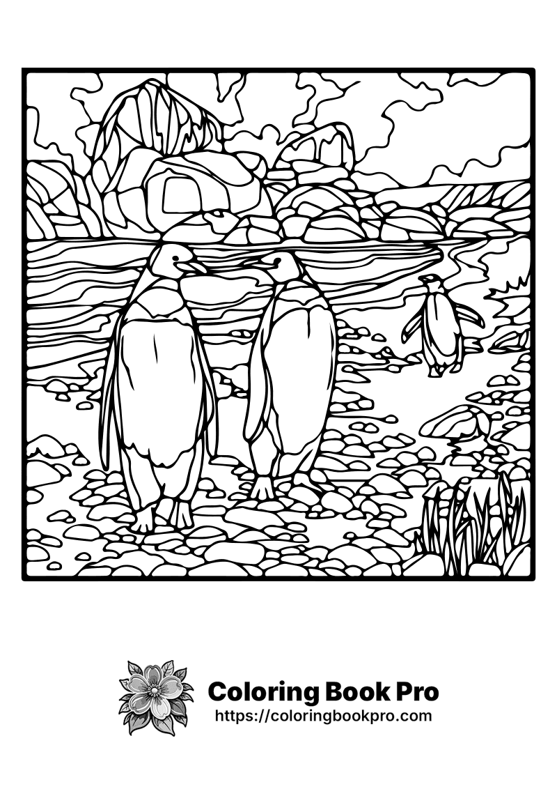 A black and white picture of two penguins by the water. icon