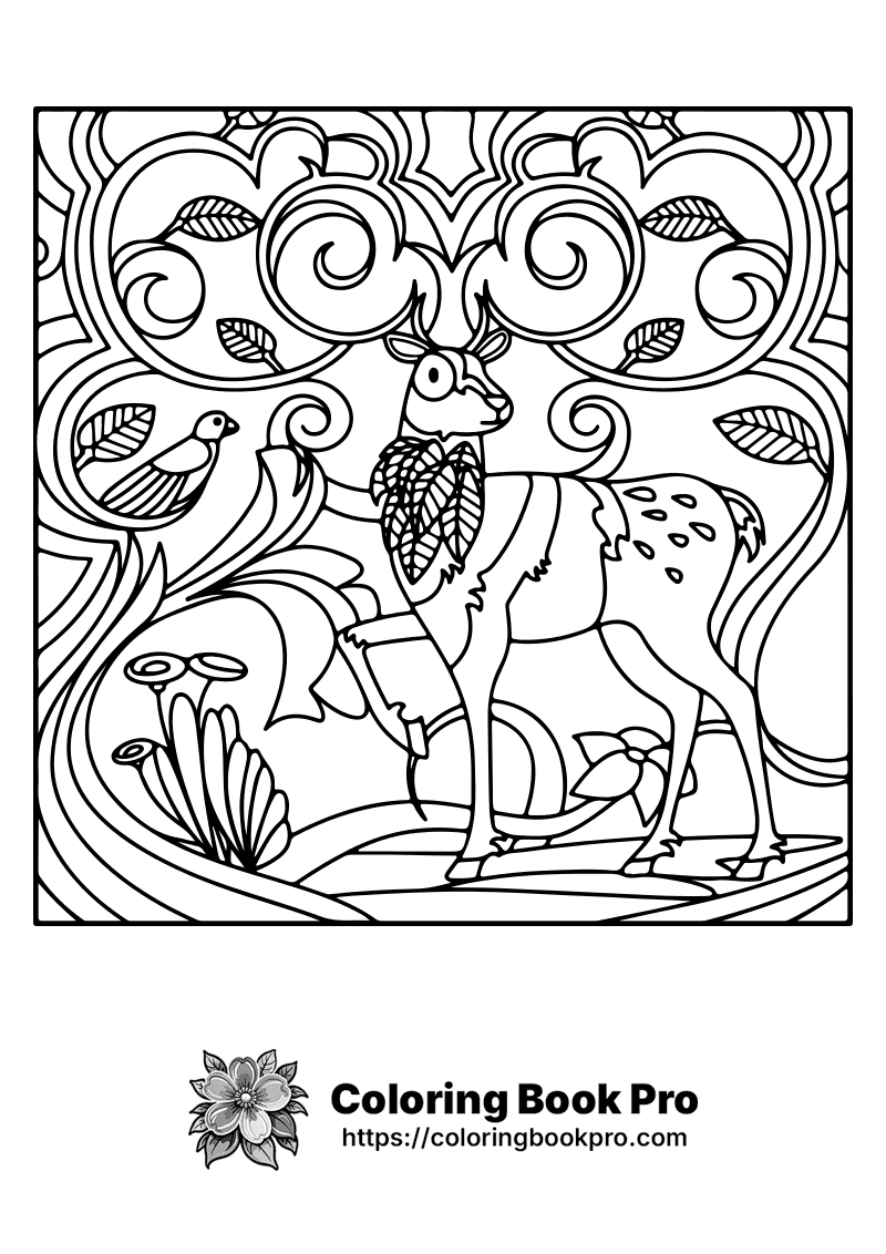 A black and white image of a deer and a bird. icon
