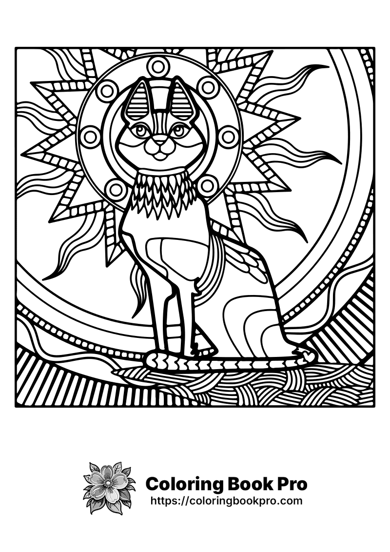 A black and white drawing of a cat with a sun behind it. icon