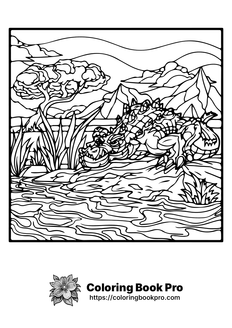 A black and white drawing of a crocodile in water. icon