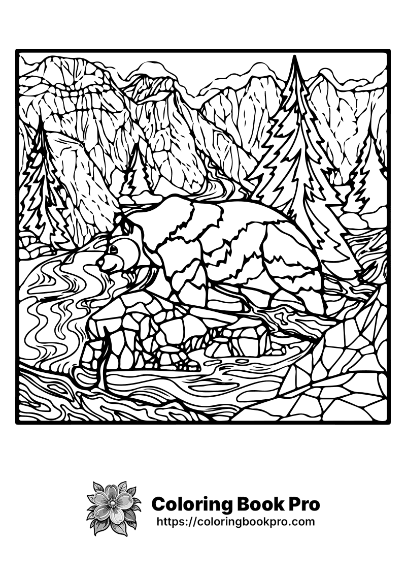 A black and white picture of a bear in the mountains. icon