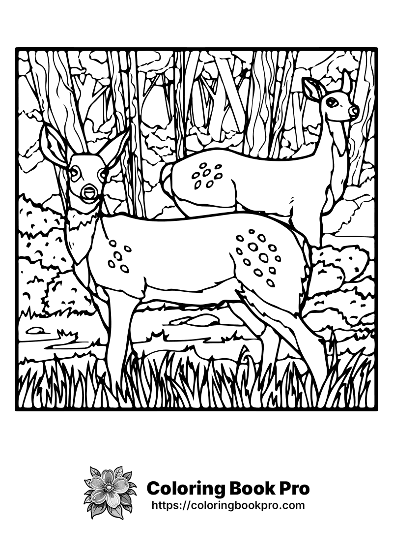 A black and white picture of two deer in the woods. icon