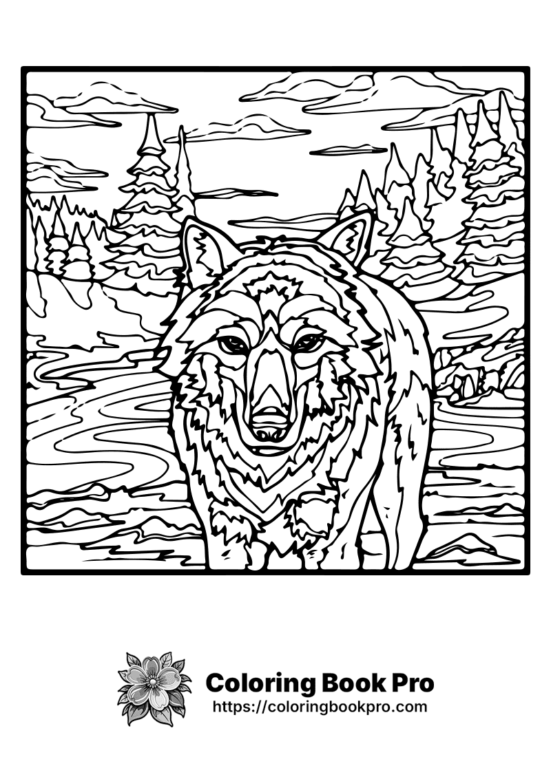 A wolf standing in the water near a forest. icon