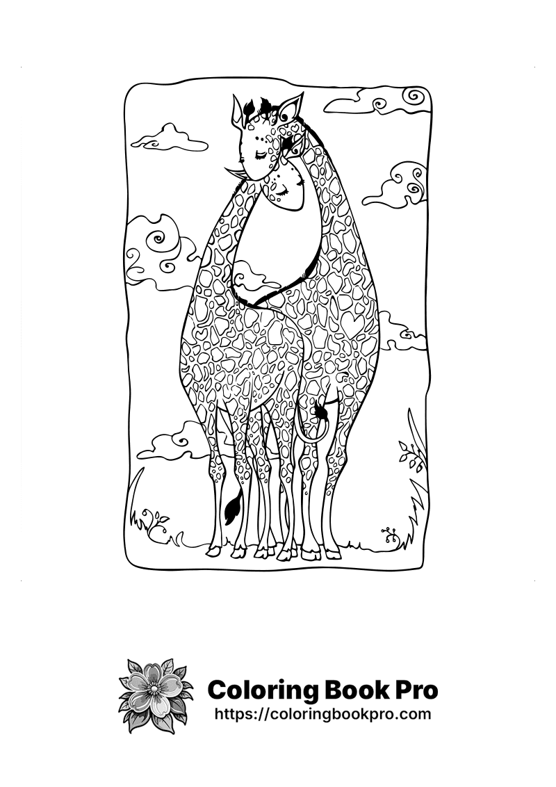 A black and white picture of two giraffes hugging. icon