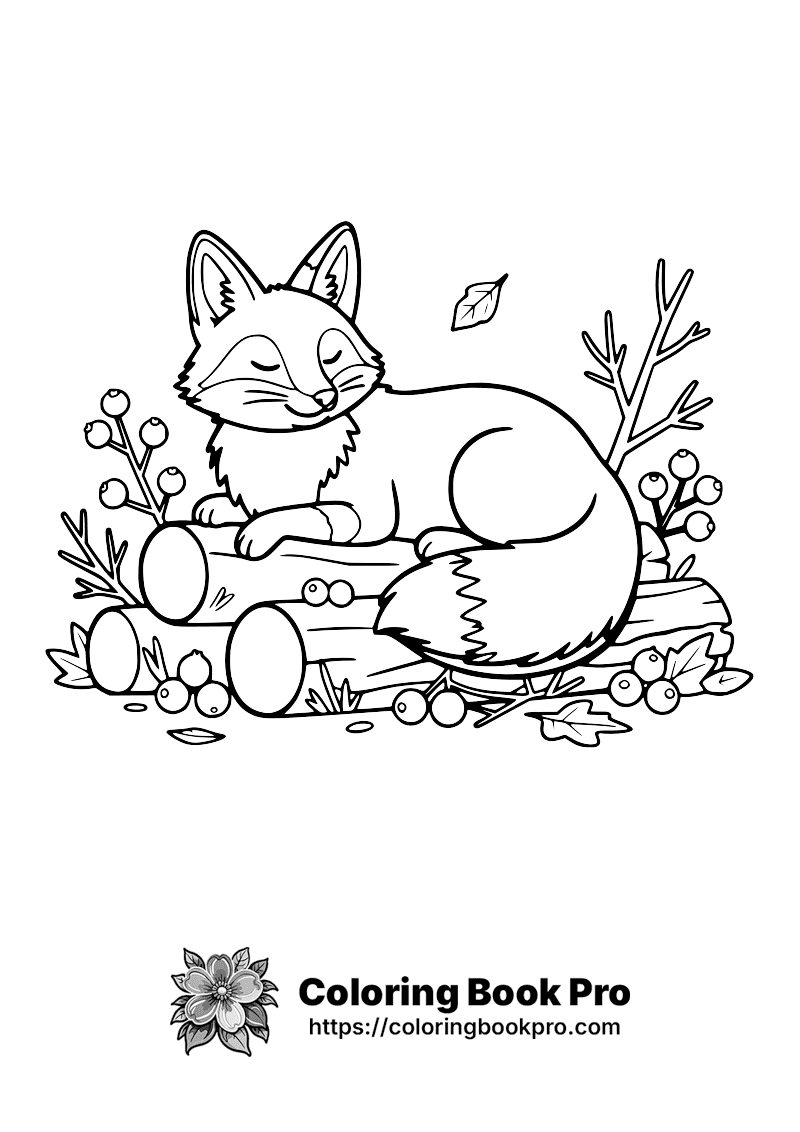 A cute, sleeping fox rests on a log surrounded by berries and leaves in a peaceful autumn scene. icon