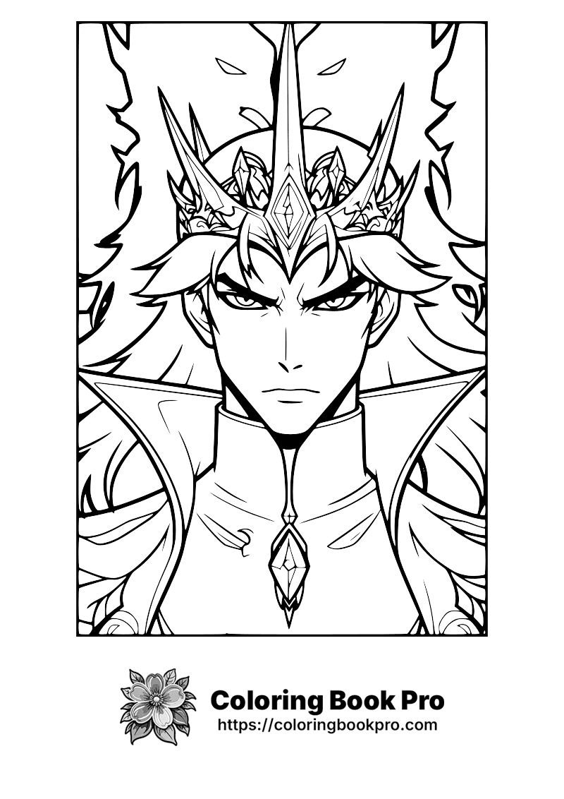 A black and white line drawing of a determined, armored warrior with spiky hair and an ornate crown, set against jagged background elements. icon