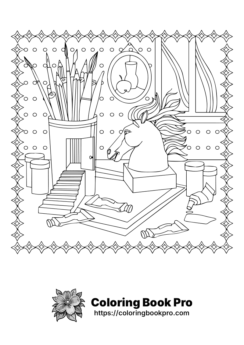 A black and white drawing of a horse sitting on a table. icon