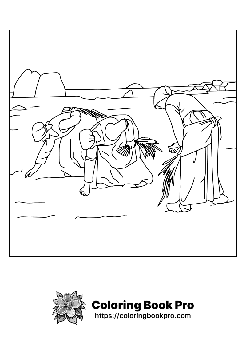 A black and white drawing of three people on a beach. icon