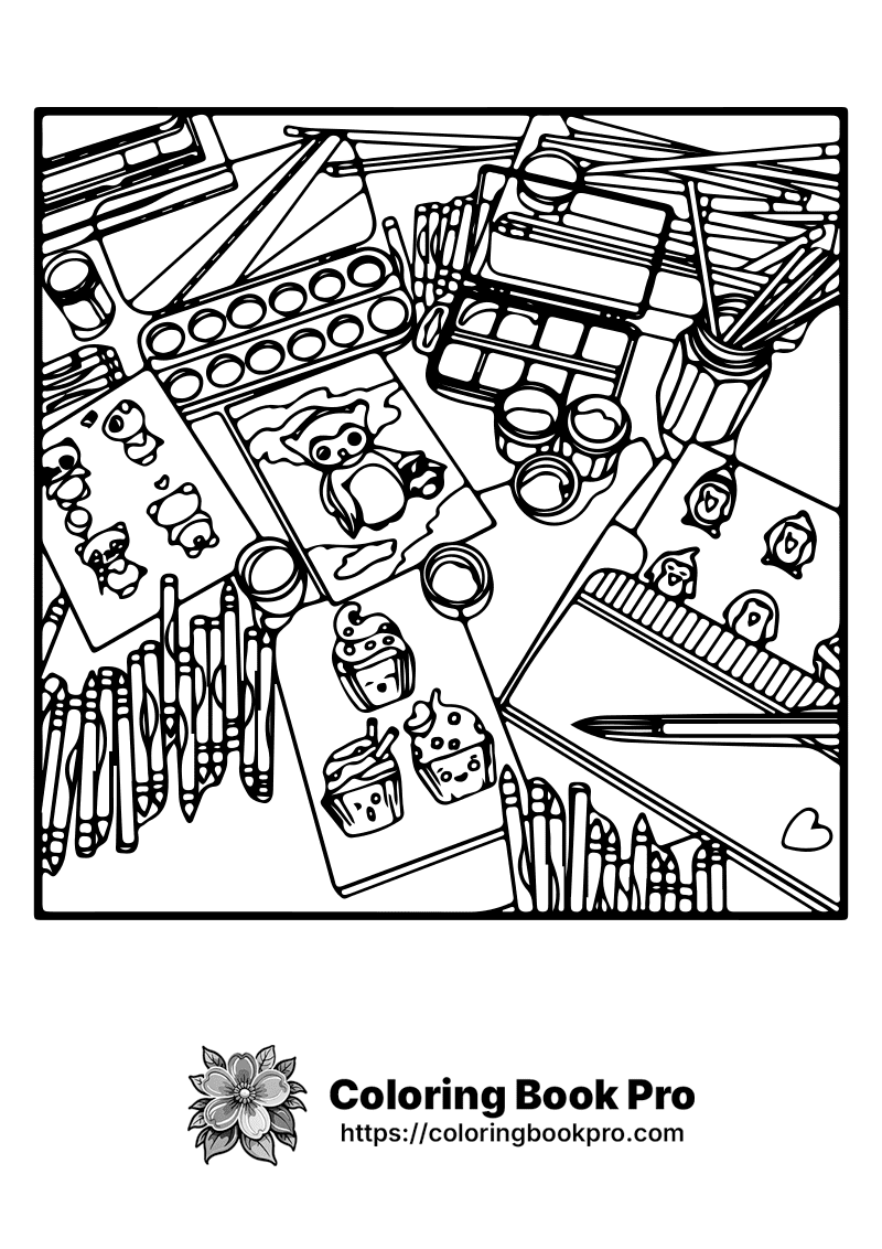 A black and white picture of a table full of art supplies. icon