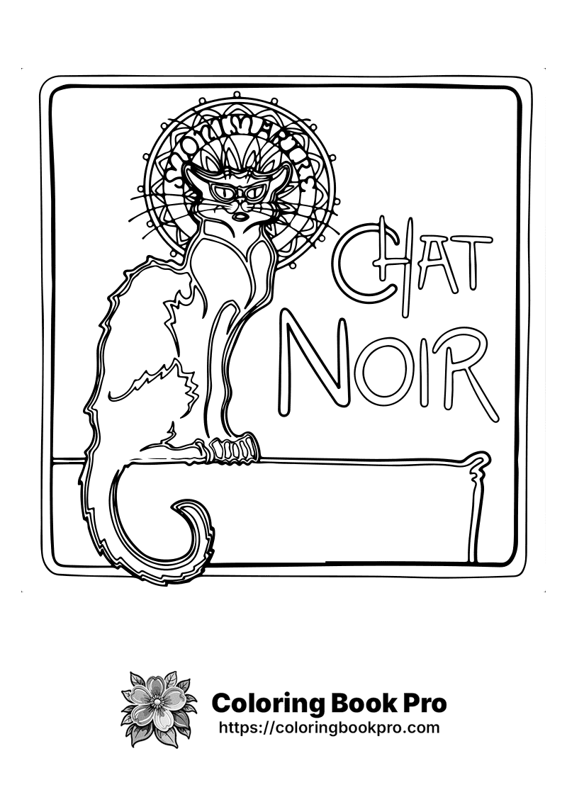 A black and white drawing of a cat and the words Chat Noir. icon