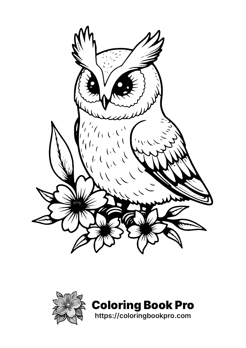 A black and white drawing of an owl sitting on a branch. icon