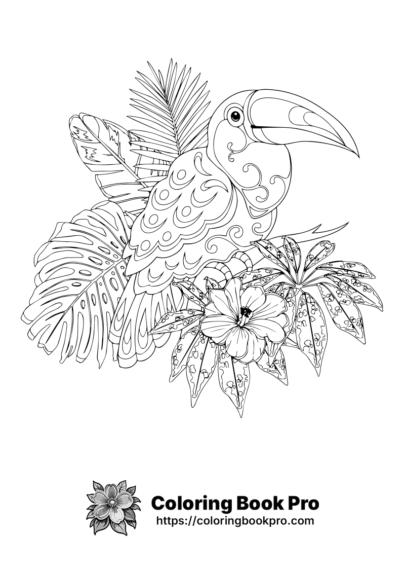 A black and white drawing of a bird and flowers. icon