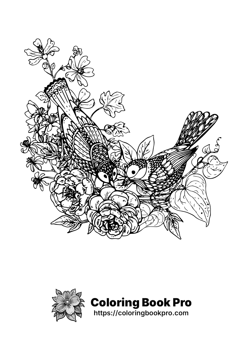 A black and white drawing of birds and flowers. icon