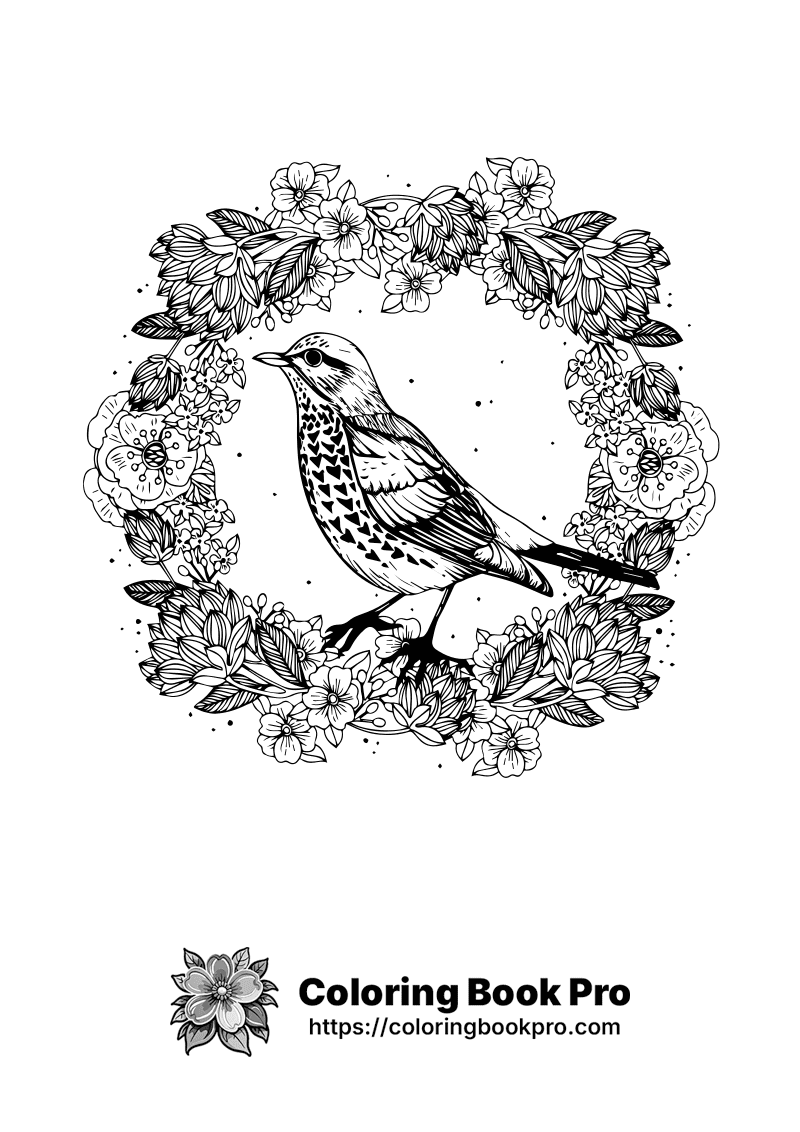 A bird is surrounded by flowers and leaves. icon
