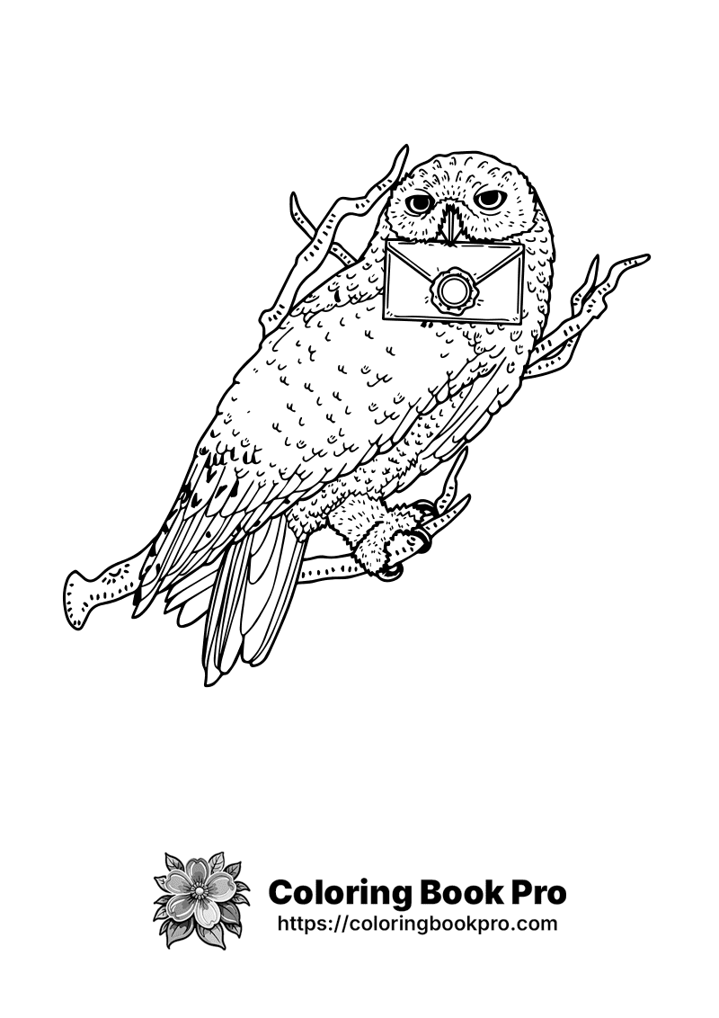 A black and white drawing of an owl holding an envelope. icon