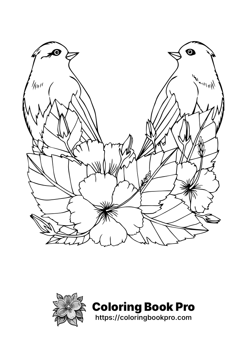 A black and white drawing of two birds sitting on a flower. icon