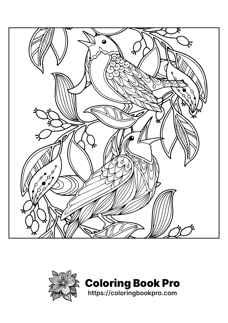 A black and white drawing of birds on a tree branch. icon