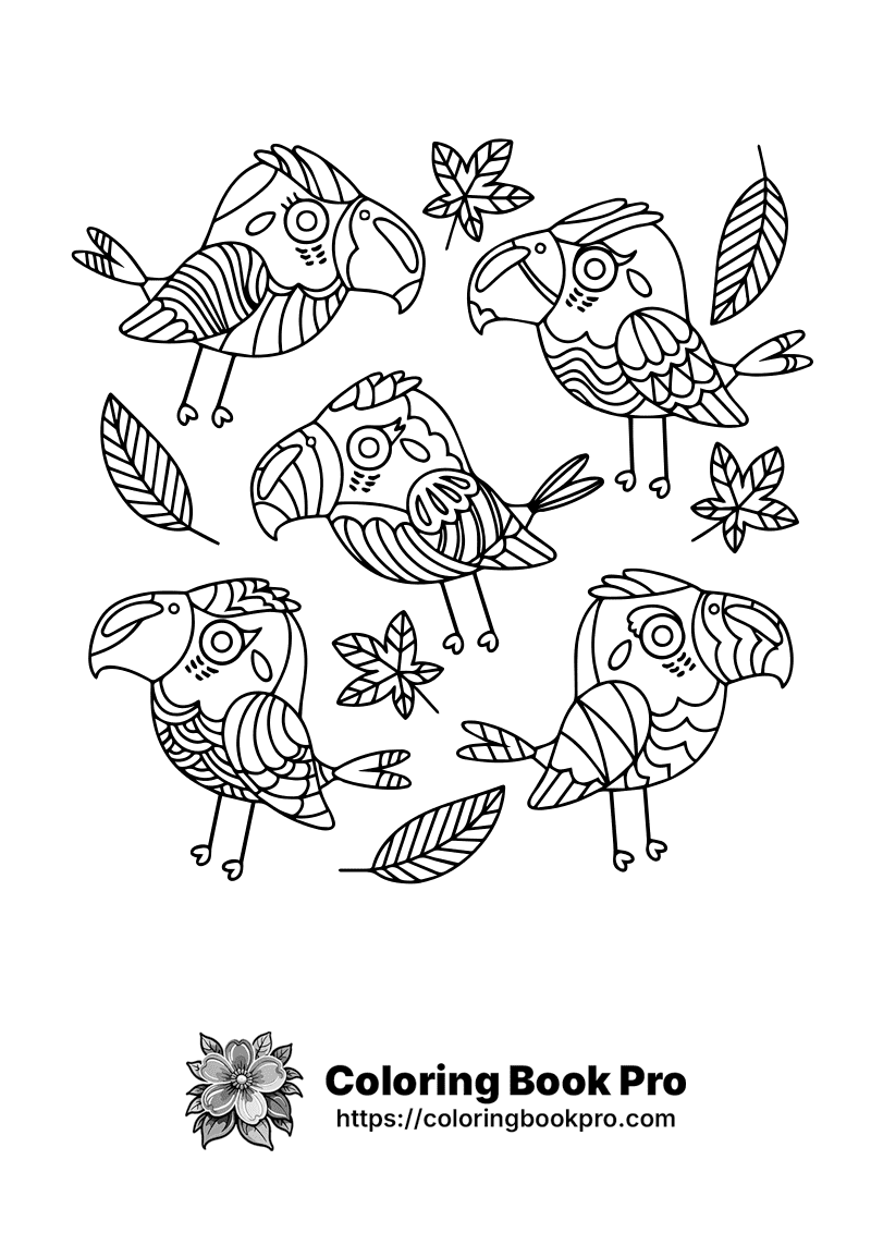 A set of parrots with leaves around them. icon