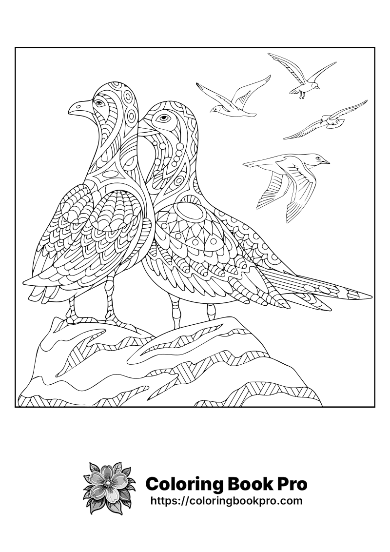 A black and white drawing of two birds and some birds flying around. icon