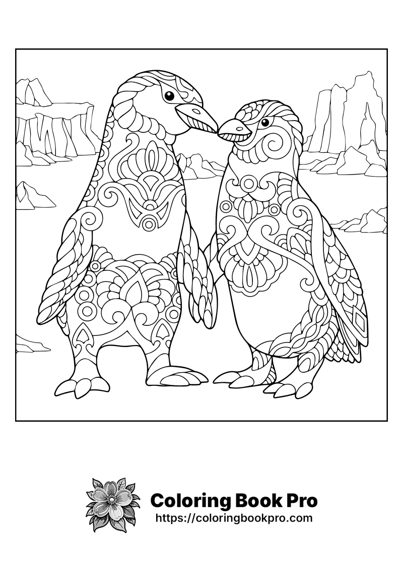 Two penguins are facing each other in a coloring page. icon