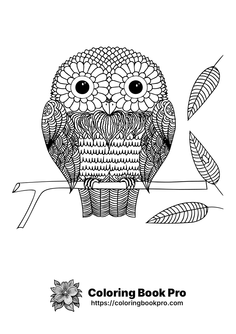 A black and white drawing of an owl sitting on a branch. icon