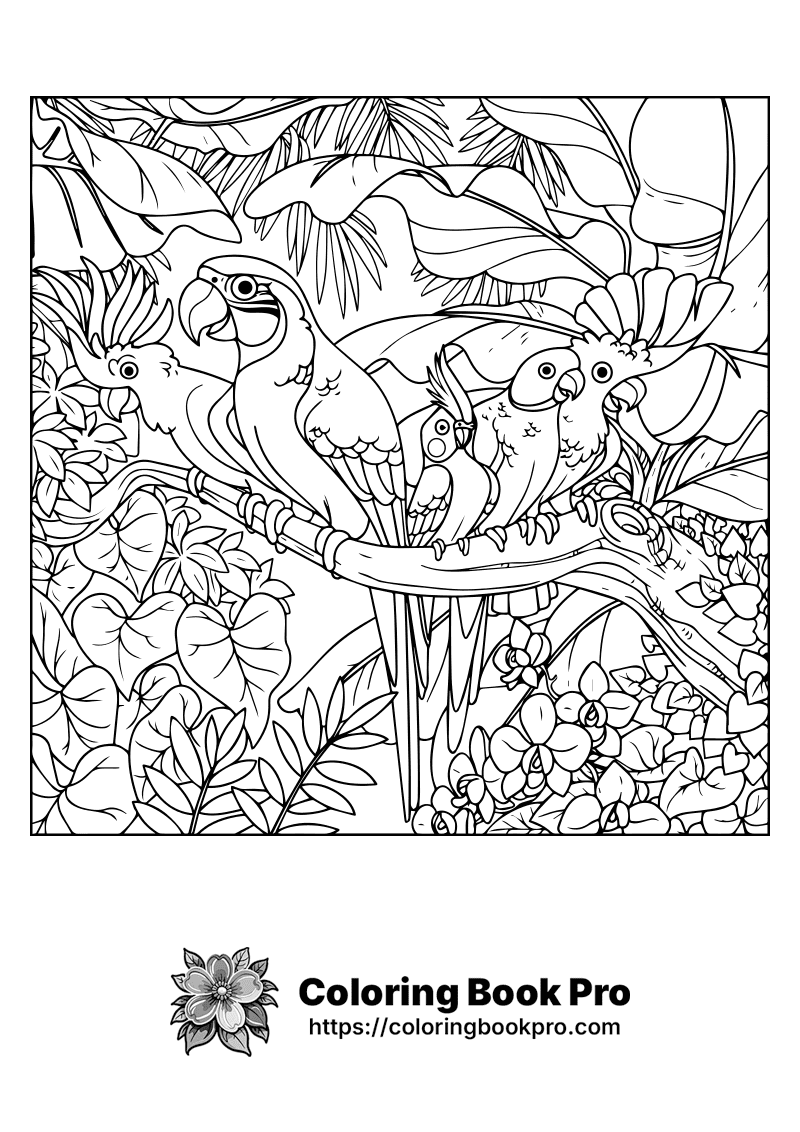 A black and white coloring page of birds in a tree. icon
