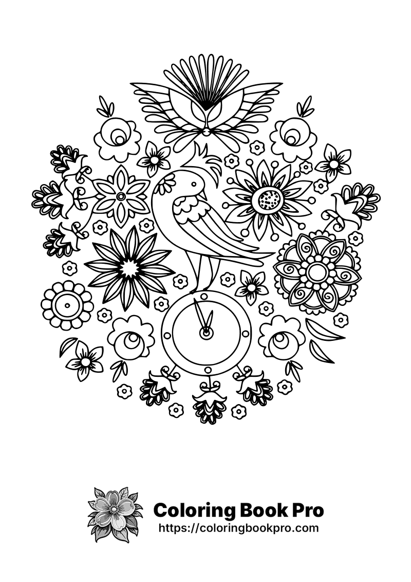 A coloring page with a bird, clock and flowers. icon