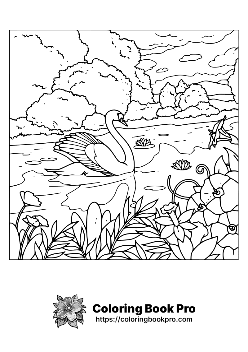 A black and white picture of a swan in a pond. icon