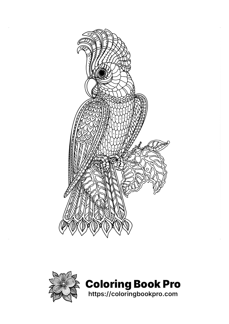 A black and white drawing of a parrot sitting on a branch. icon