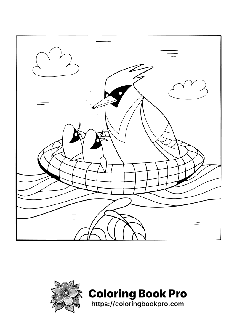 A black and white drawing of a bird in a boat with two baby birds. icon