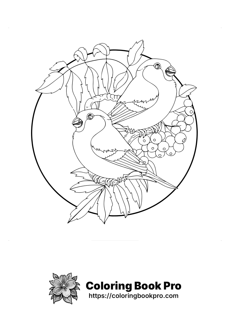 A black and white drawing of two birds on a branch. icon
