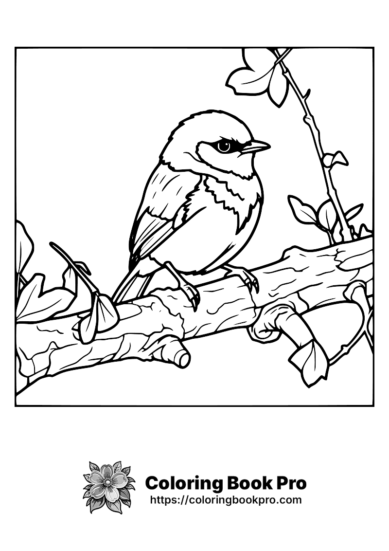 A black and white line drawing of a small bird perched on a branch with leaves, showing detailed feathers and claws. icon