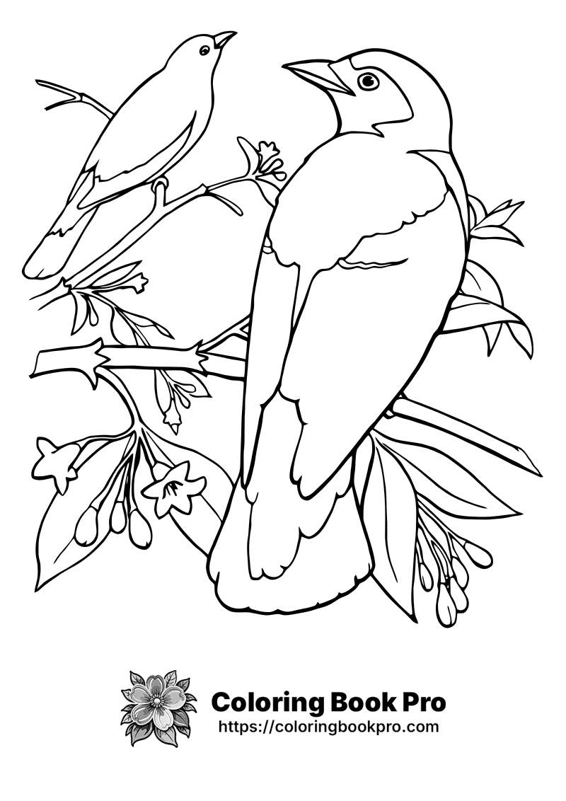 A black and white drawing of two birds on a branch. icon