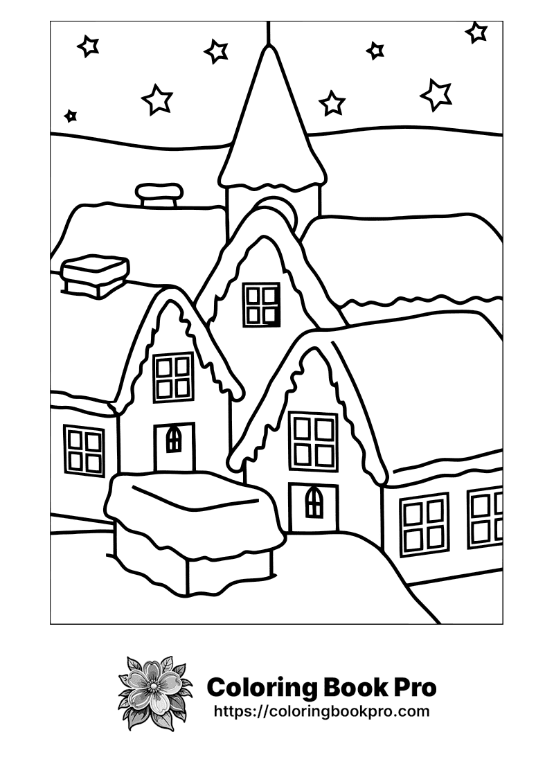 A black and white drawing of three small houses. icon