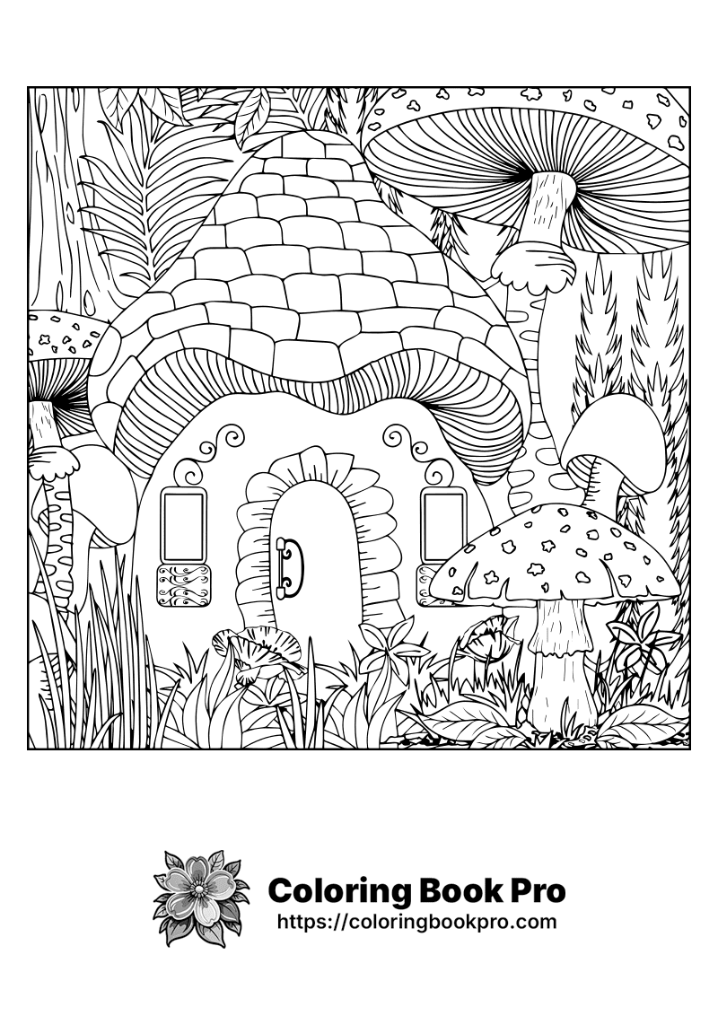 A black and white illustration of a mushroom house icon