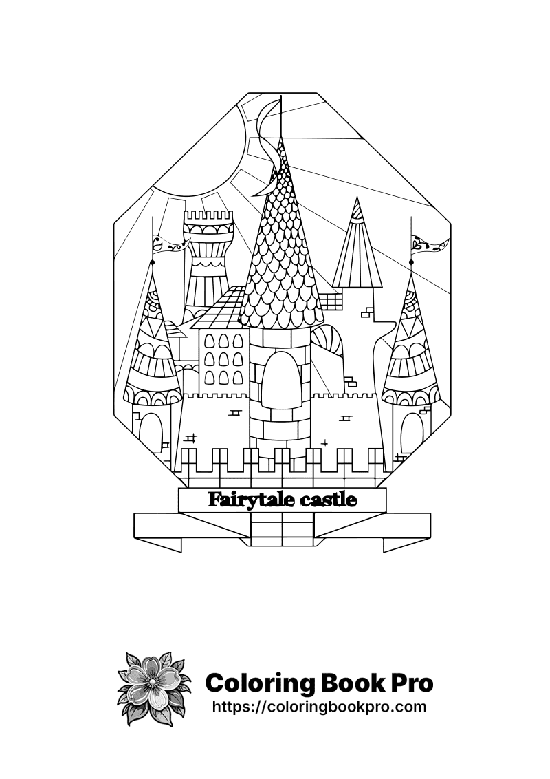 A black and white drawing of a fairytale castle. icon