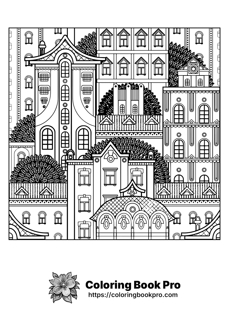 A black and white drawing of a city. icon