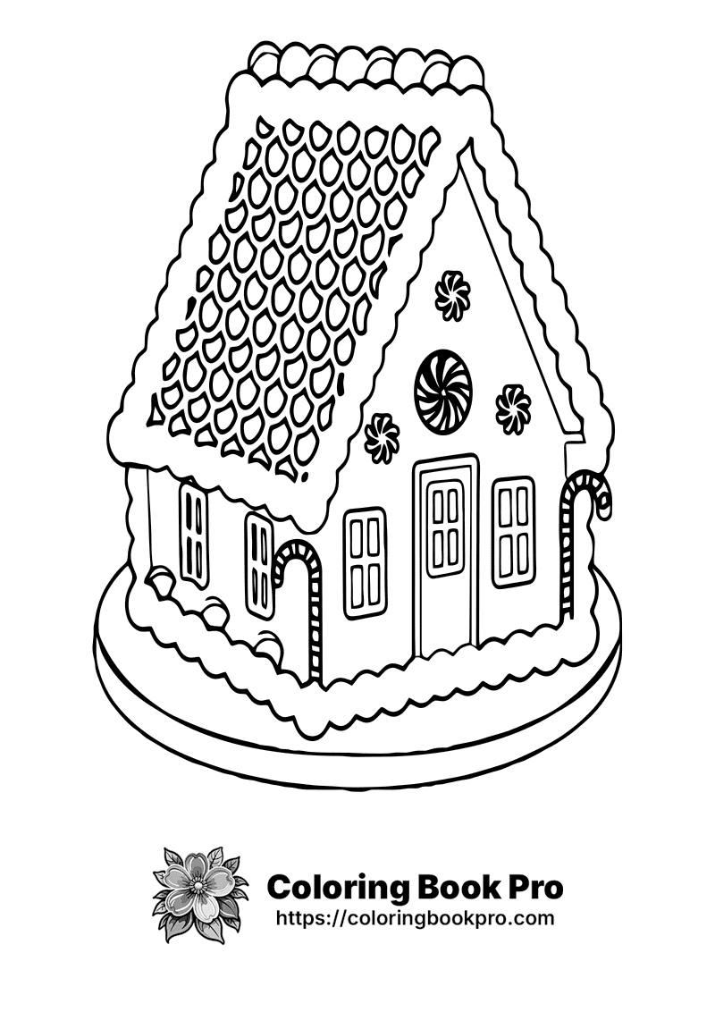 A black and white image of a gingerbread house icon