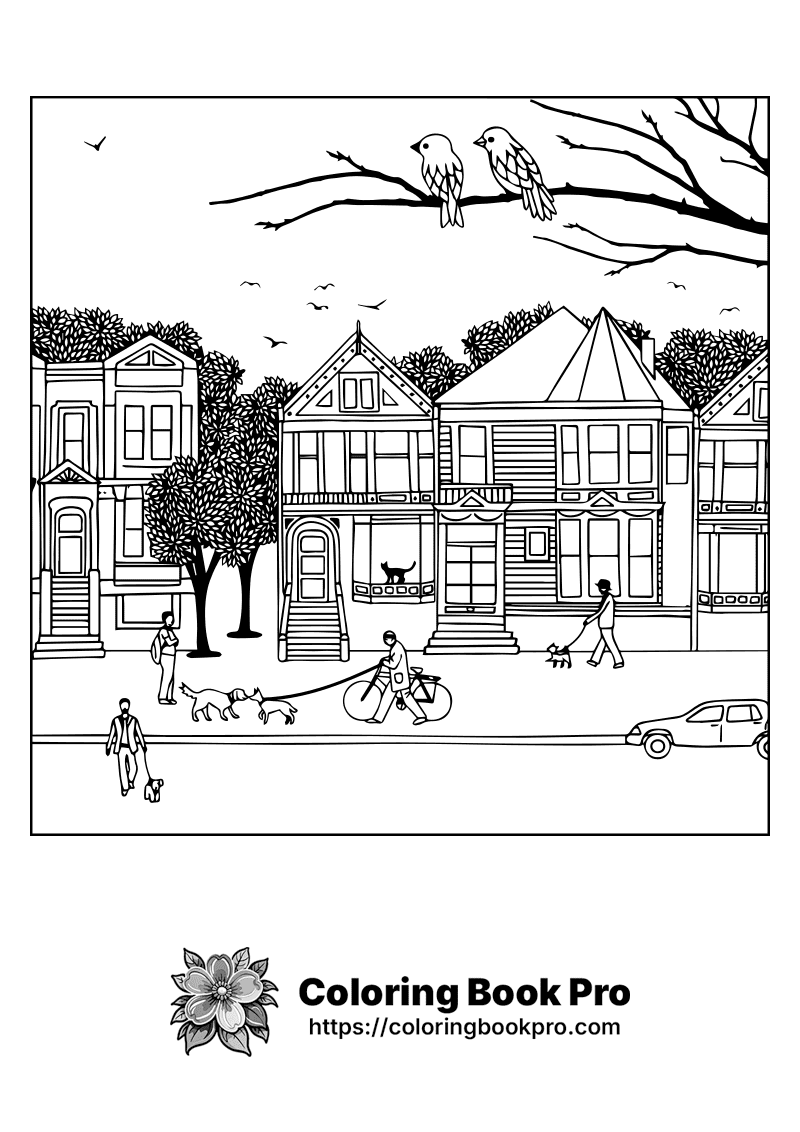 A black and white drawing of people walking their dogs on the street. icon