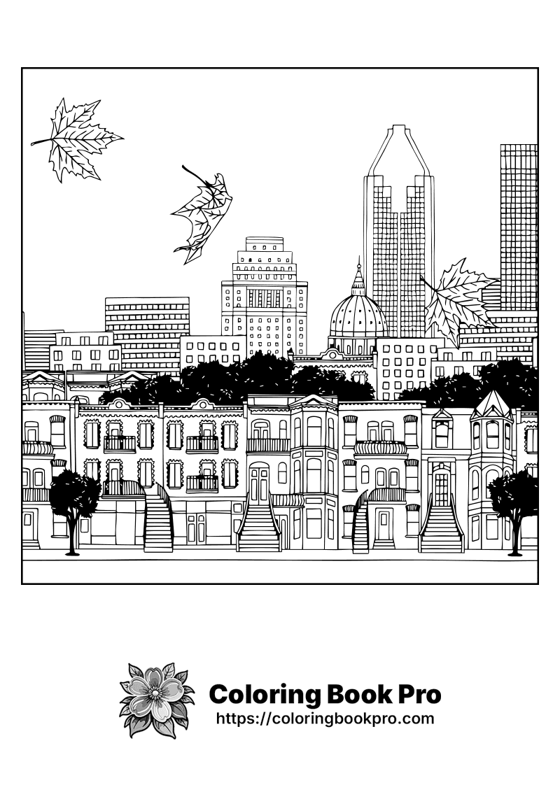 A black and white drawing of a city. icon