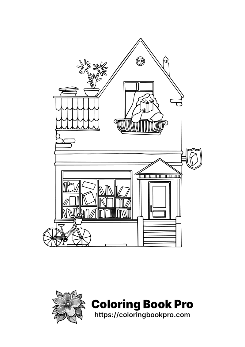 A black and white drawing of a house with a bicycle. icon