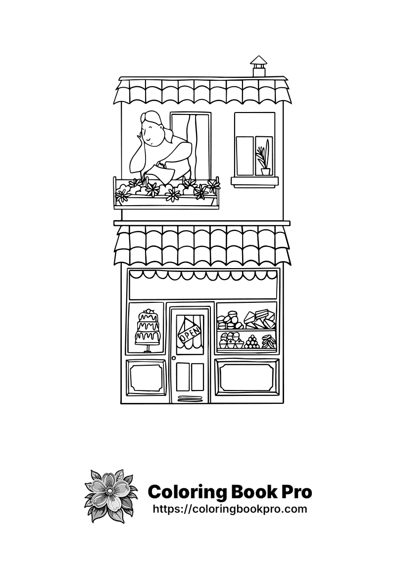 A black and white drawing of a storefront. icon