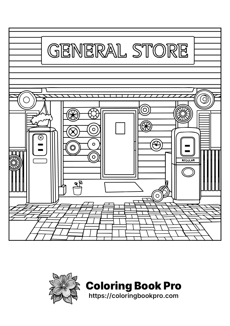 A black and white drawing of a general store. icon