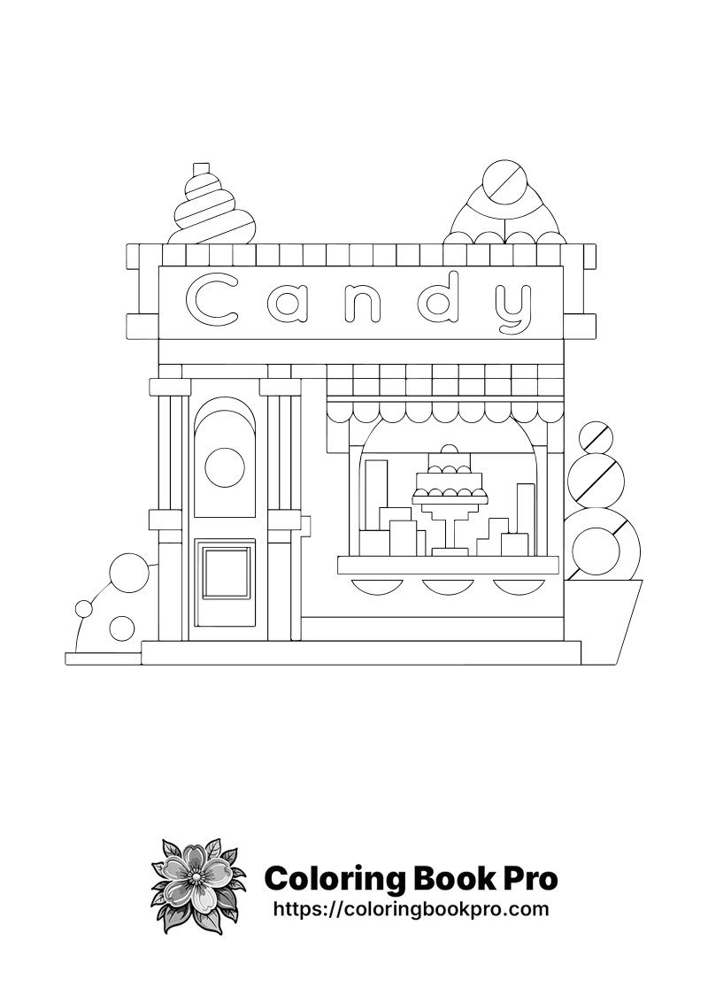 A coloring page of a building that says candy. icon
